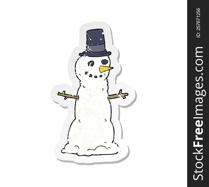 retro distressed sticker of a cartoon snowman in top hat