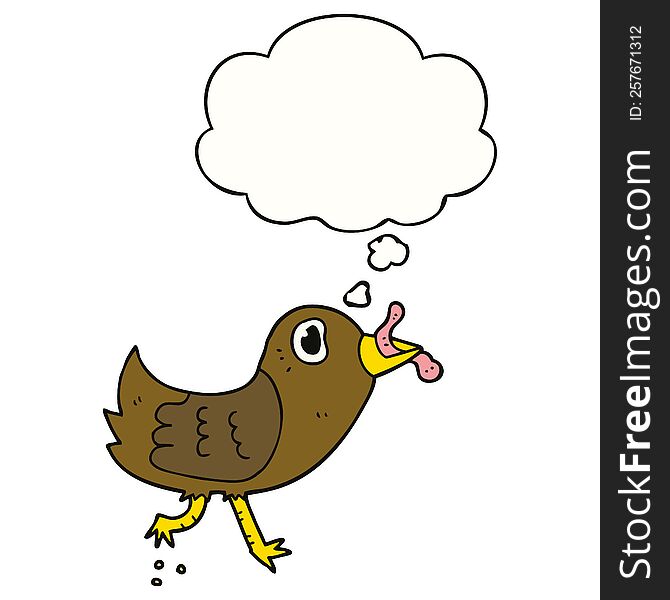 cartoon bird with worm with thought bubble. cartoon bird with worm with thought bubble