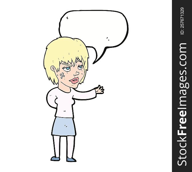 Cartoon Woman With Sticking Plaster On Face With Speech Bubble