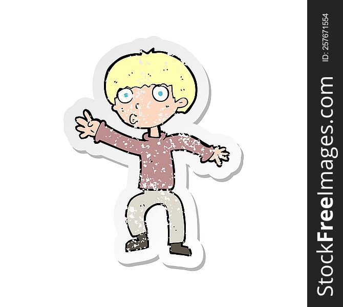 retro distressed sticker of a cartoon boy waving warning