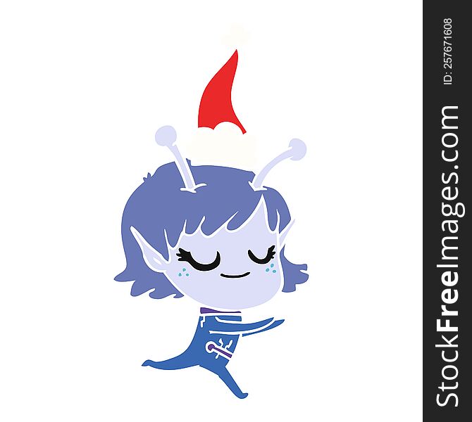 smiling alien girl hand drawn flat color illustration of a running wearing santa hat