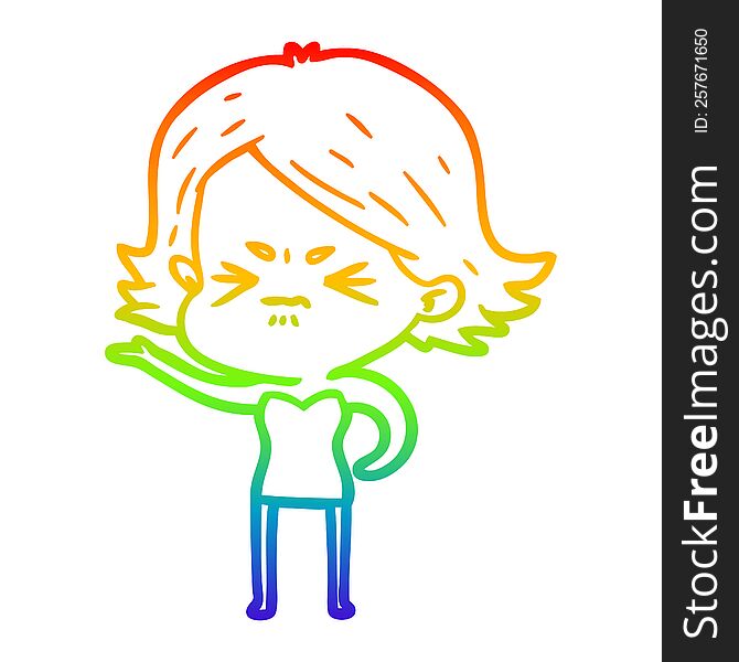 Rainbow Gradient Line Drawing Cartoon Angry Girl