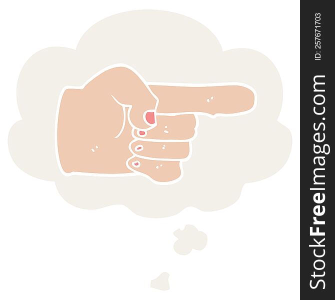 cartoon pointing hand with thought bubble in retro style