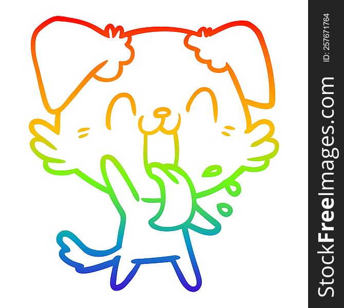 rainbow gradient line drawing of a cartoon panting dog waving