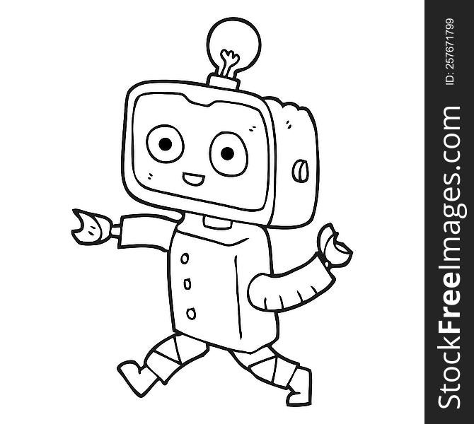 freehand drawn black and white cartoon little robot