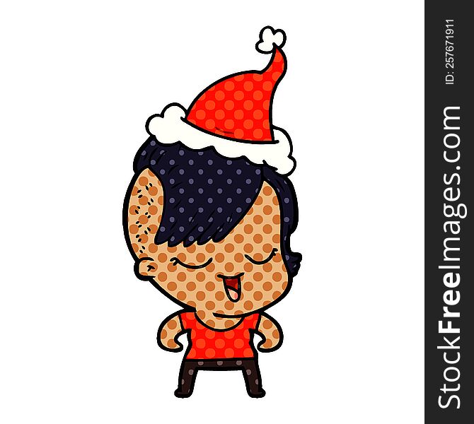 happy hand drawn comic book style illustration of a girl wearing santa hat. happy hand drawn comic book style illustration of a girl wearing santa hat