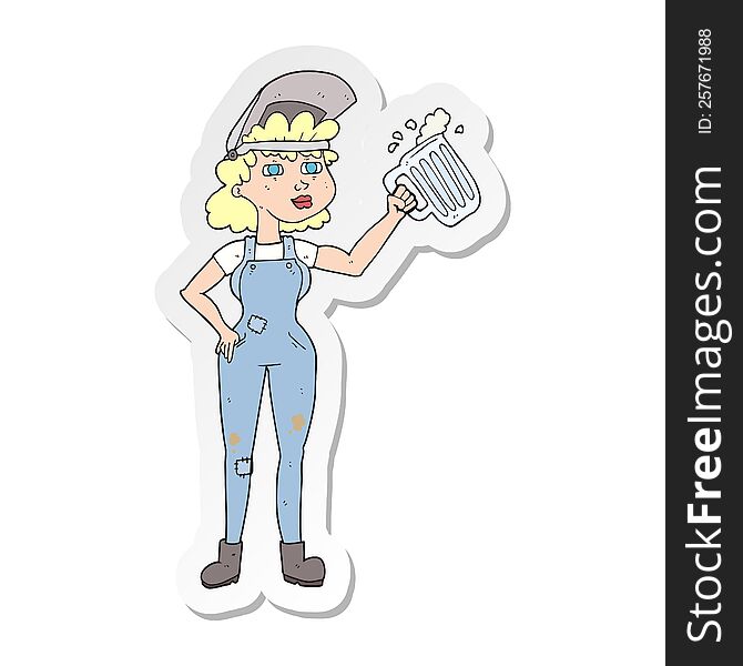 sticker of a cartoon hard working woman with beer