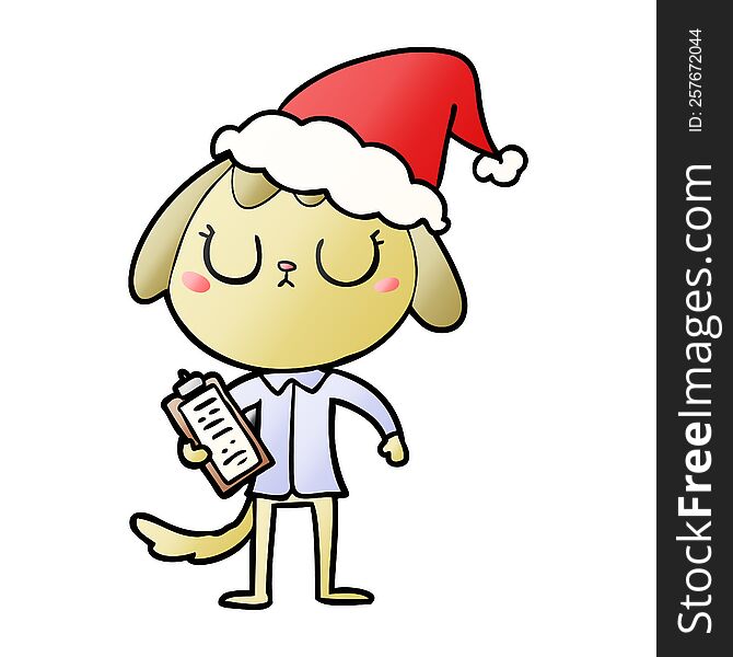 cute hand drawn gradient cartoon of a dog wearing office shirt wearing santa hat