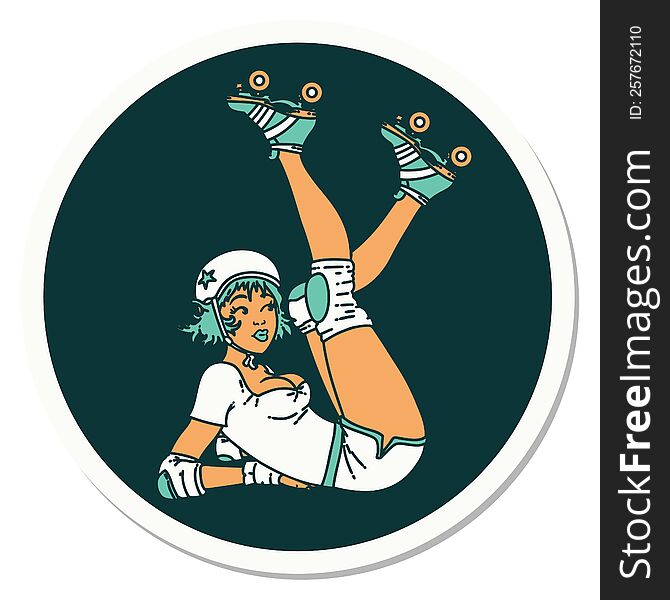 sticker of tattoo in traditional style of a pinup roller derby girl. sticker of tattoo in traditional style of a pinup roller derby girl