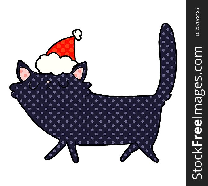 hand drawn comic book style illustration of a black cat wearing santa hat