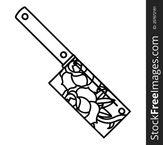 tattoo in black line style of a cleaver and flowers. tattoo in black line style of a cleaver and flowers
