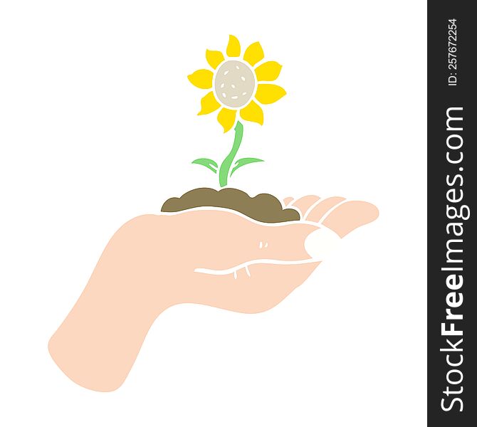 flat color illustration of a cartoon flower growing in palm of hand