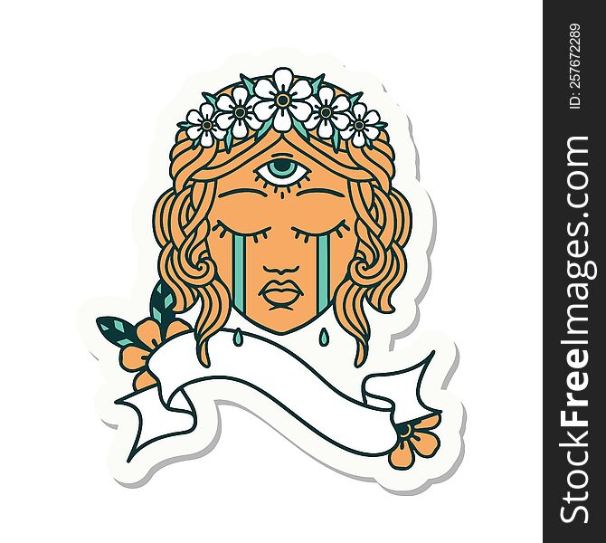 tattoo sticker with banner of female face with third eye crying