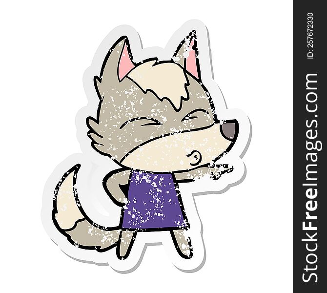 Distressed Sticker Of A Cartoon Wolf Girl Whistling And Pointing