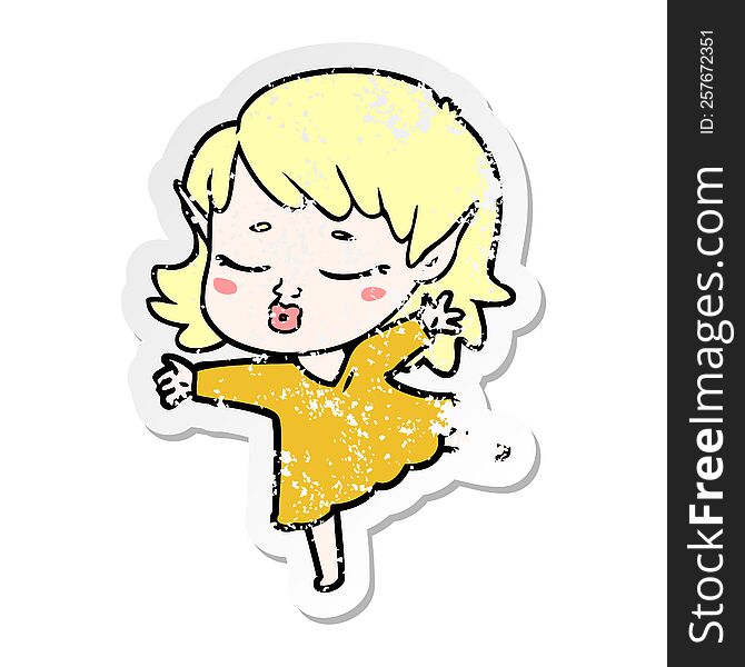 distressed sticker of a pretty cartoon elf girl dancing