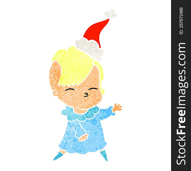 Retro Cartoon Of A Squinting Girl Wearing Santa Hat