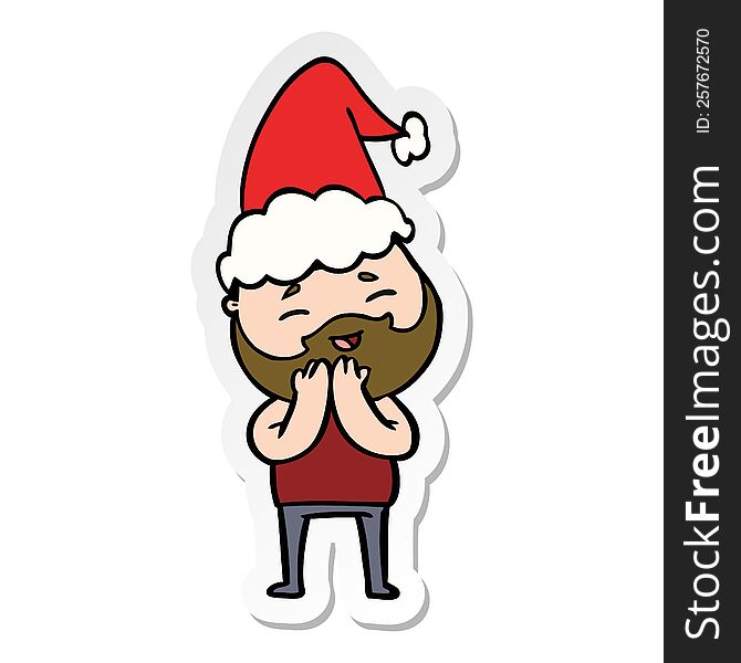 hand drawn sticker cartoon of a happy bearded man wearing santa hat