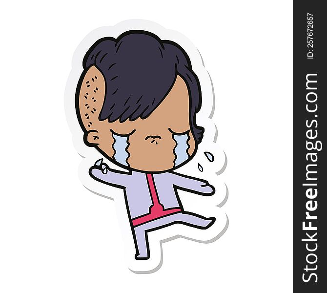 Sticker Of A Cartoon Crying Girl Wearing Space Clothes