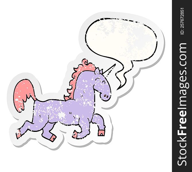 cartoon unicorn with speech bubble distressed distressed old sticker. cartoon unicorn with speech bubble distressed distressed old sticker
