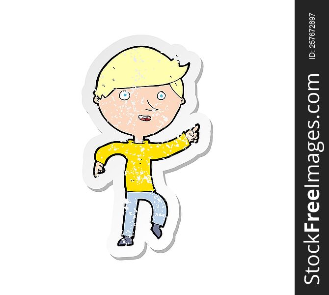 Retro Distressed Sticker Of A Cartoon Happy Pointing