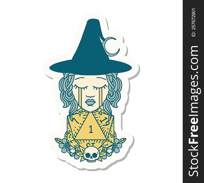 sticker of a crying human witch with natural one D20 dice roll. sticker of a crying human witch with natural one D20 dice roll