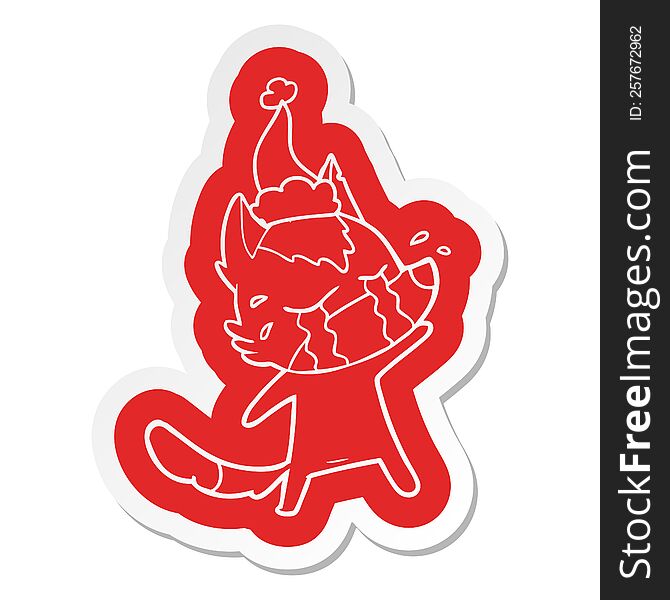 Cartoon  Sticker Of A Crying Wolf Wearing Santa Hat