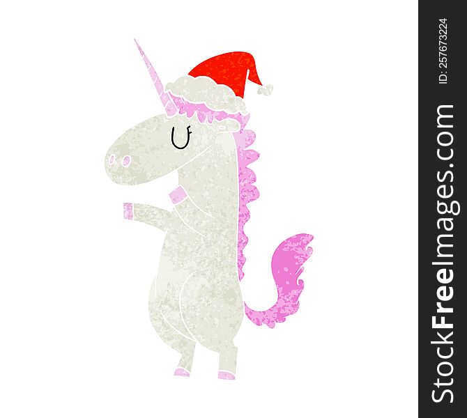 hand drawn retro cartoon of a unicorn wearing santa hat