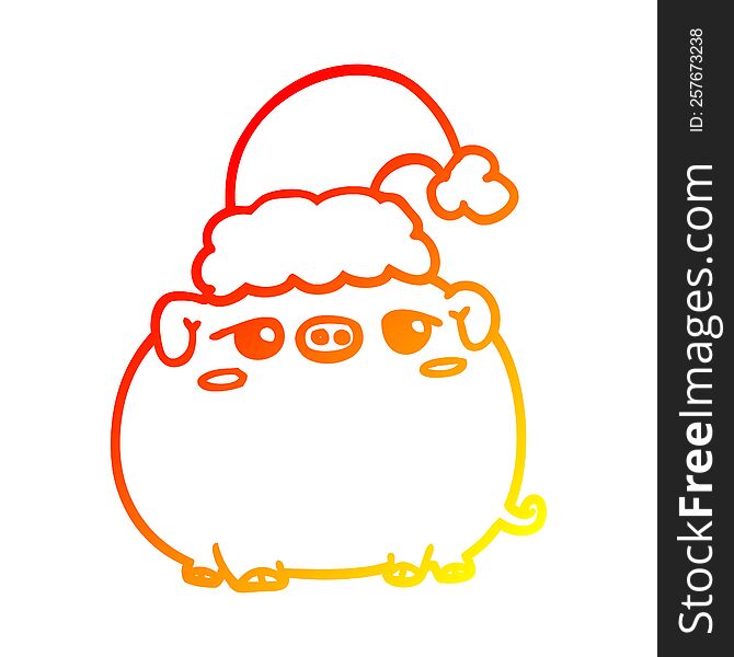 Warm Gradient Line Drawing Cartoon Pig Wearing Christmas Hat