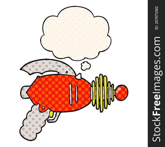 cartoon ray gun with thought bubble in comic book style