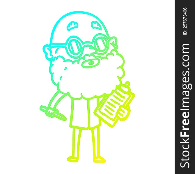 cold gradient line drawing of a cartoon curious man with beard and sunglasses