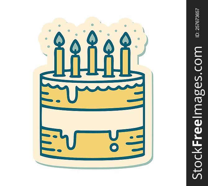 sticker of tattoo in traditional style of a birthday cake. sticker of tattoo in traditional style of a birthday cake