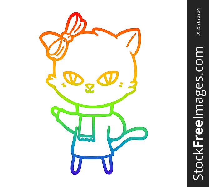 Rainbow Gradient Line Drawing Cute Cartoon Cat In Winter Clothes