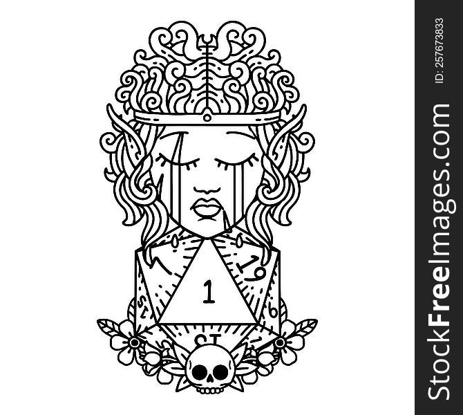 Black and White Tattoo linework Style crying elf barbarian character with natural one D20 roll. Black and White Tattoo linework Style crying elf barbarian character with natural one D20 roll