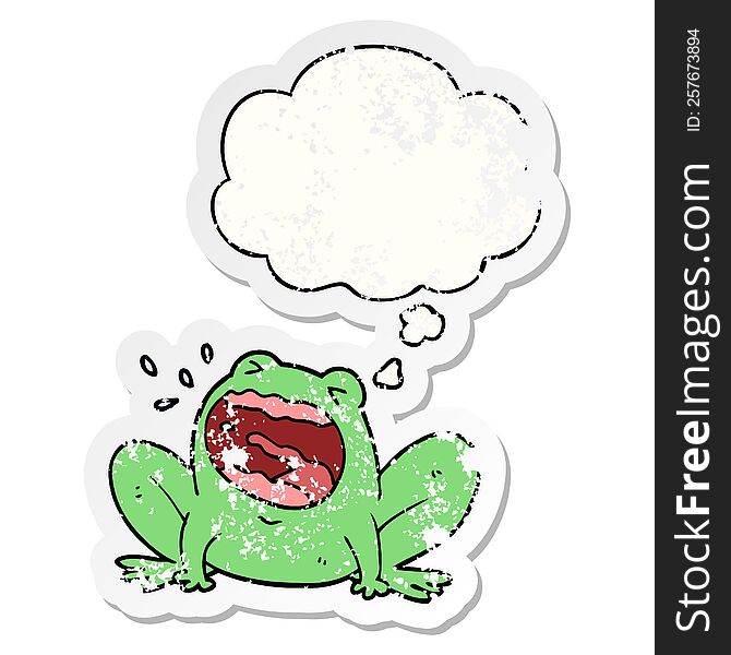 cartoon frog shouting with thought bubble as a distressed worn sticker