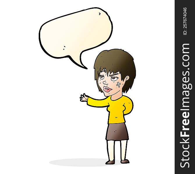 cartoon woman with sticking plaster on face with speech bubble