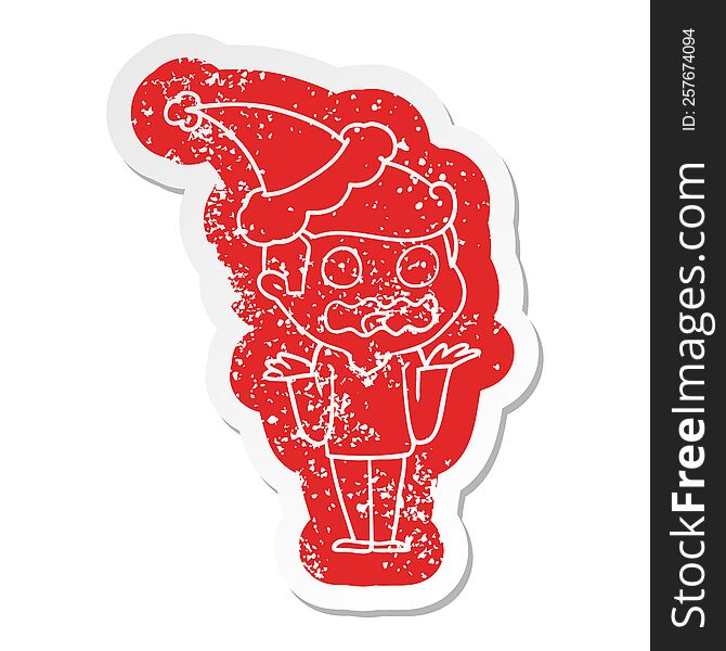 Cartoon Distressed Sticker Of A Man Totally Stressed Out Wearing Santa Hat