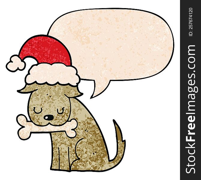 cute christmas dog with speech bubble in retro texture style