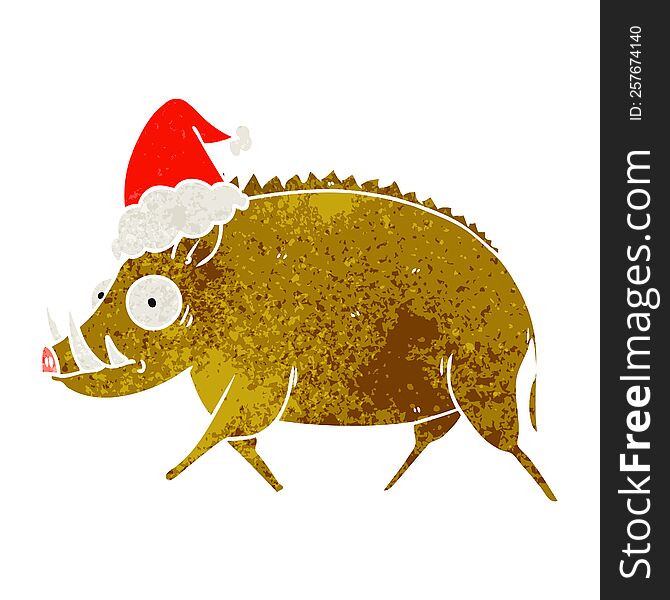 hand drawn retro cartoon of a wild boar wearing santa hat