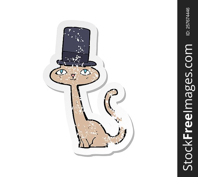 Retro Distressed Sticker Of A Cartoon Cat In Top Hat