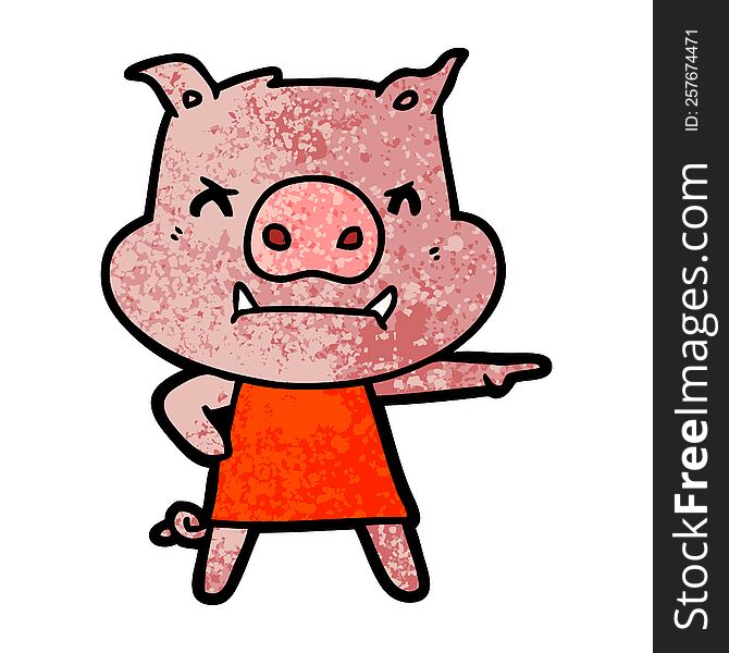 angry cartoon pig in dress pointing. angry cartoon pig in dress pointing