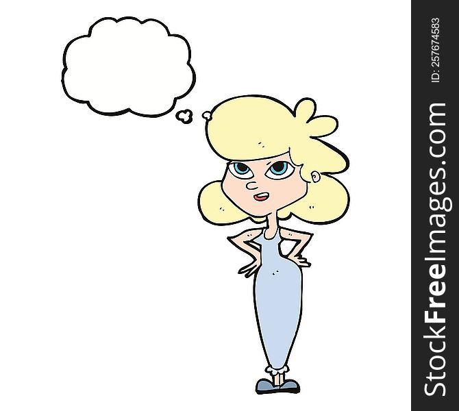 cartoon girl with hands on hips with thought bubble