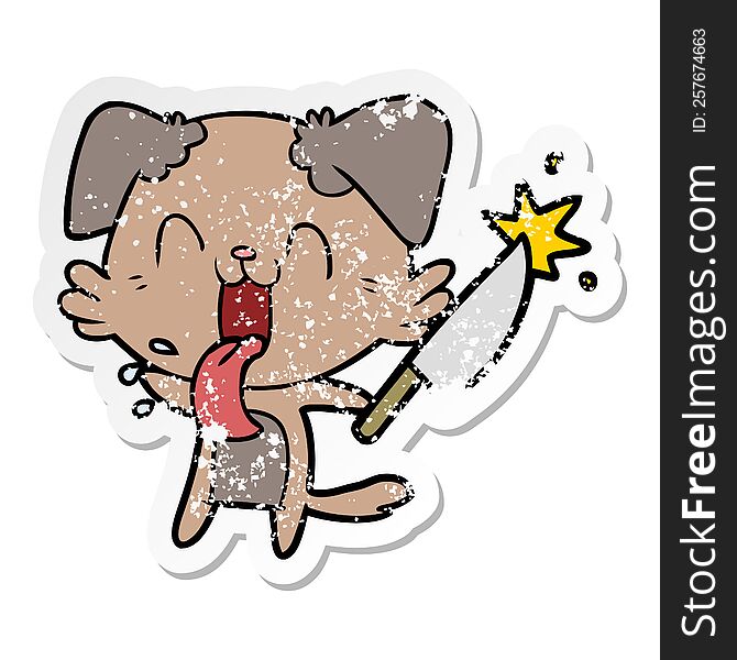 distressed sticker of a cartoon crazy dog with knife