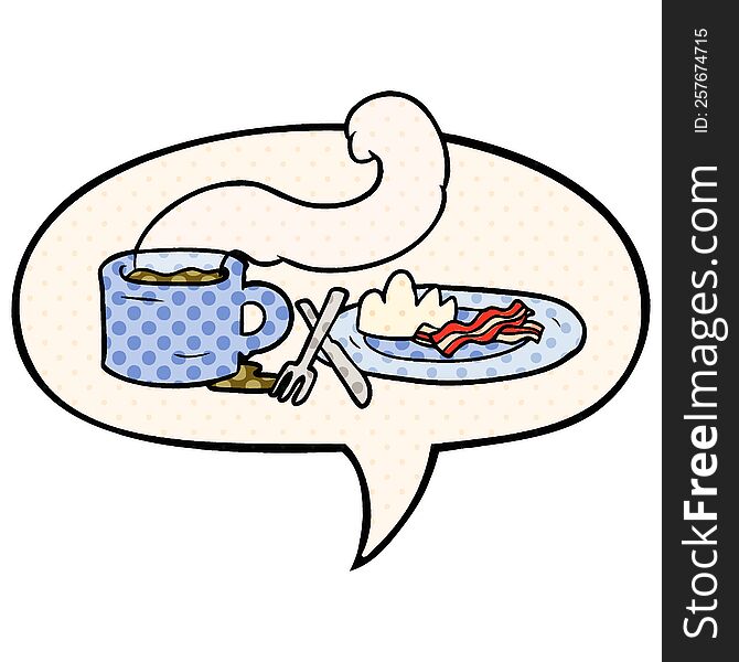 cartoon breakfast of coffee and bacon with speech bubble in comic book style