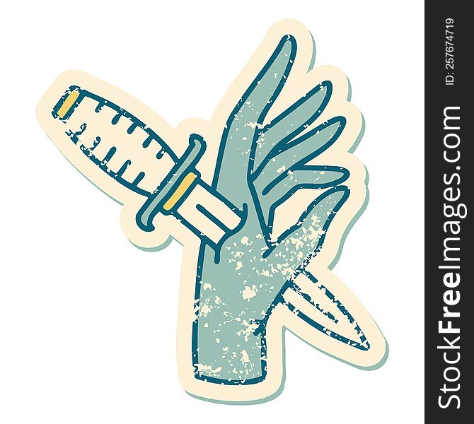 iconic distressed sticker tattoo style image of a dagger in the hand. iconic distressed sticker tattoo style image of a dagger in the hand