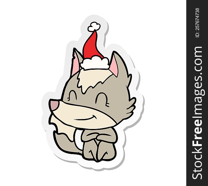 Friendly Sticker Cartoon Of A Wolf Wearing Santa Hat