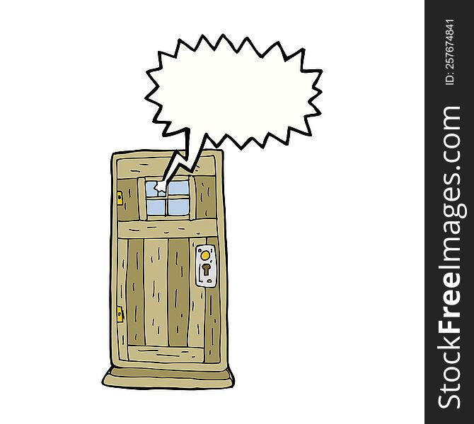 cartoon old wood door with speech bubble