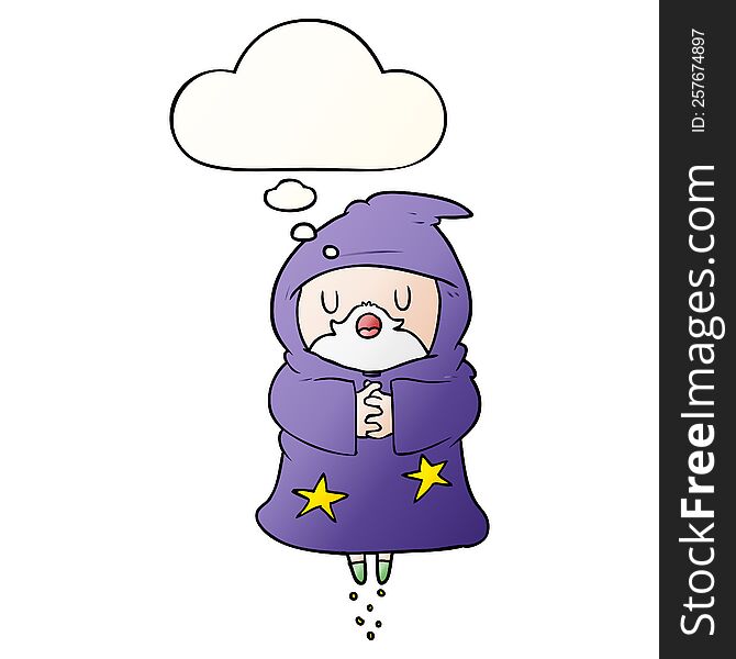 cartoon floating wizard and thought bubble in smooth gradient style