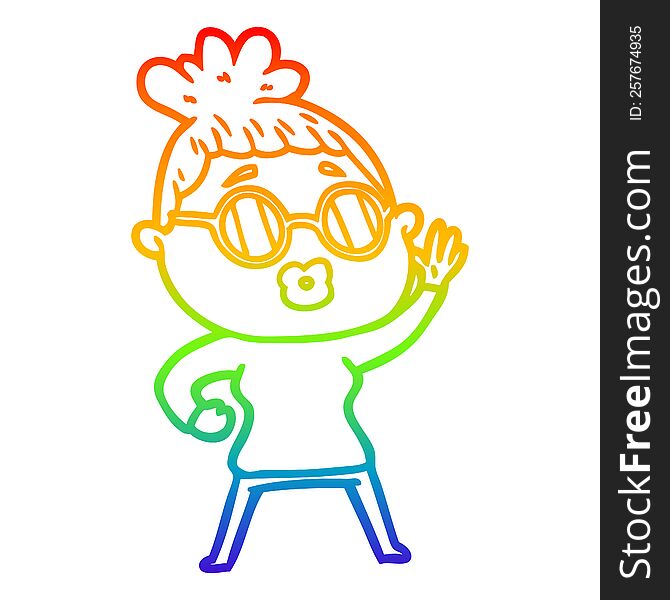 rainbow gradient line drawing of a cartoon waving woman wearing sunglasses