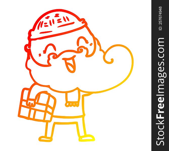 warm gradient line drawing of a happy bearded man holding christmas present