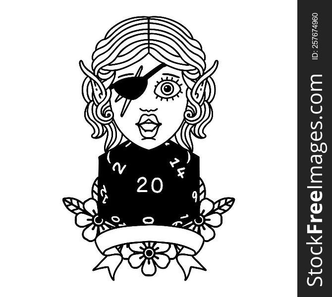 Black and White Tattoo linework Style elf rogue character with natural twenty dice roll. Black and White Tattoo linework Style elf rogue character with natural twenty dice roll
